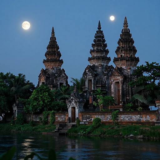Photograph of a dark, ancient Balinese temple with two tall spires, illuminated by a full moon and a smaller moon, set against a blue