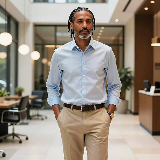 Photograph of a middle-aged man with dreadlocks and a beard, wearing a light blue dress shirt and beige pants, standing confidently in a modern,