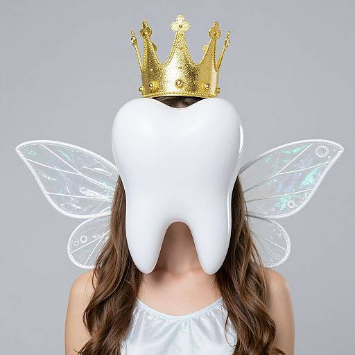 Photograph of a woman with a white tooth mask, golden crown, and transparent fairy wings, wearing a white sleeveless top.