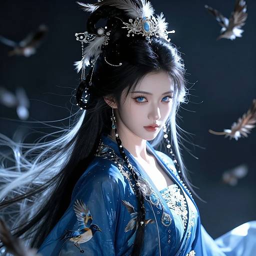 Digital artwork of a fair-skinned, blue-eyed Asian woman with long black hair, wearing a blue, feather-adorned kimono, surrounded by