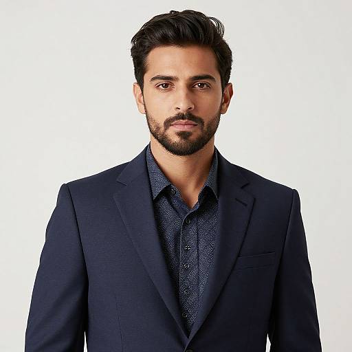 Photograph of a handsome, dark-haired man with a trimmed beard, wearing a navy blue suit and patterned shirt, against a plain white background.