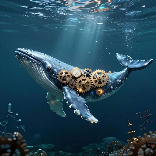 Digital art of a blue whale with golden gears embedded in its side, swimming underwater with sunlight filtering through the dark blue ocean.
