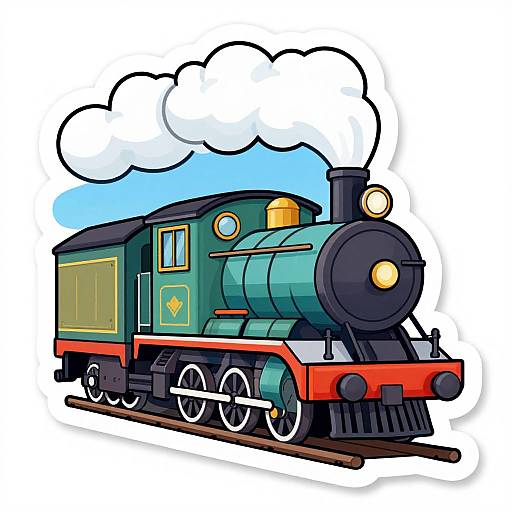 Colorful cartoon illustration of a green and black steam locomotive with yellow accents, red undercarriage, and white smoke, on train tracks.