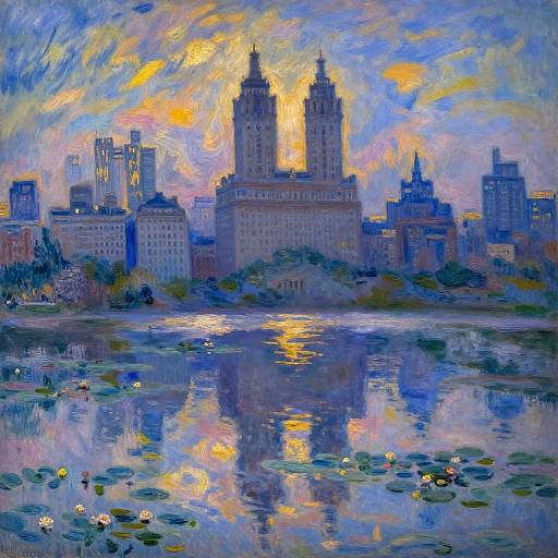 Impressionist-style painting of a city skyline at sunset, with vibrant blue, yellow, and orange hues reflecting on a lily-pad-covered river.
