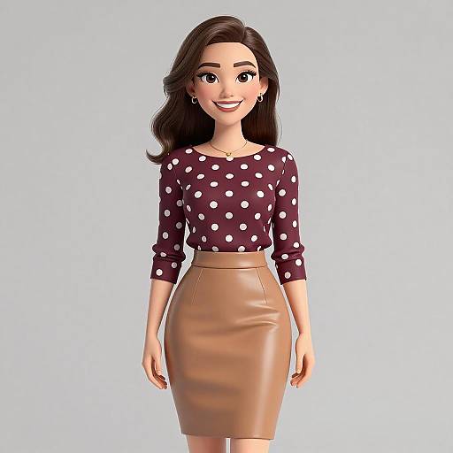 Digital 3D CGI of a smiling woman with long dark hair, wearing a black polka dot top and tan leather skirt, standing against a plain