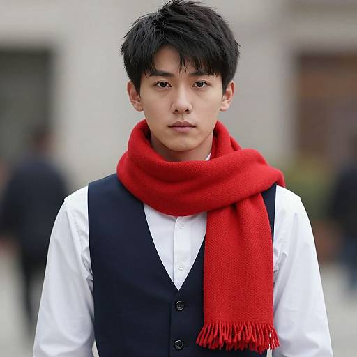 Photograph of an Asian man with black hair, wearing a white shirt, black vest, and bright red scarf, standing outdoors.