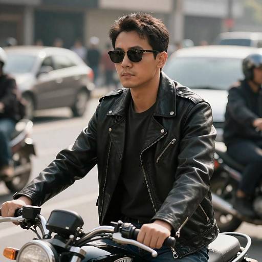 Serious Man on Motorcycle in Urban Setting