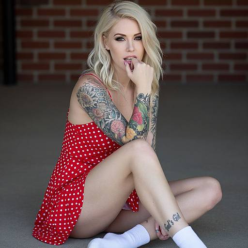 Photograph of a blonde woman with tattooed arms, wearing a red polka-dot dress, white socks, and sitting against a brick wall. She