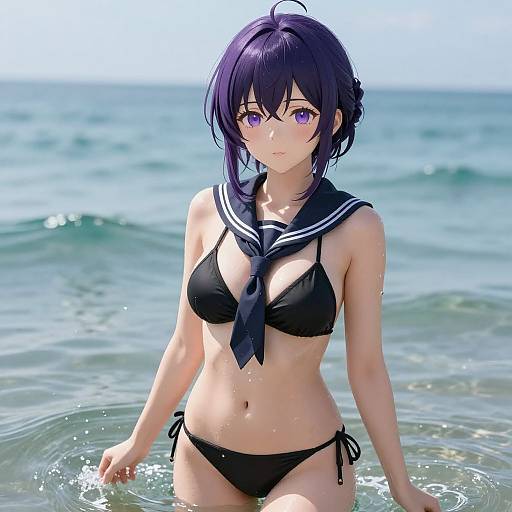 Digital anime-style drawing of a cute, purple-haired girl in a black bikini with a sailor necktie, standing in shallow ocean water.