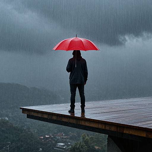 Photograph of a person in a dark coat and pants standing on a wet, wooden deck, holding a bright red umbrella, in a rainy, mist