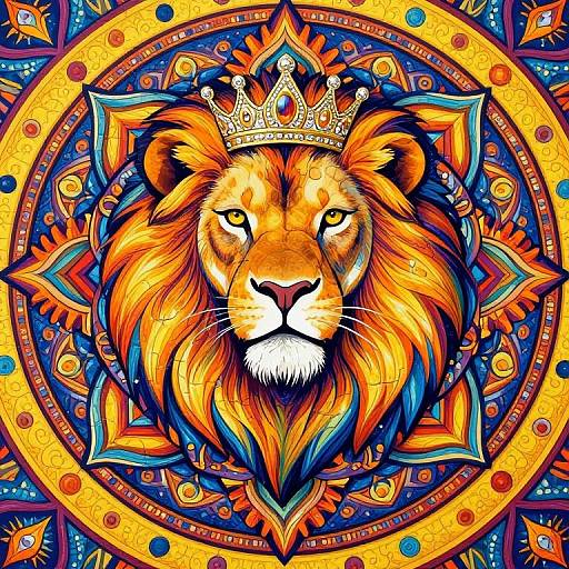 Vibrant digital artwork of a crowned lion with a fiery orange mane, surrounded by intricate, colorful mandala patterns in yellow, blue, and orange