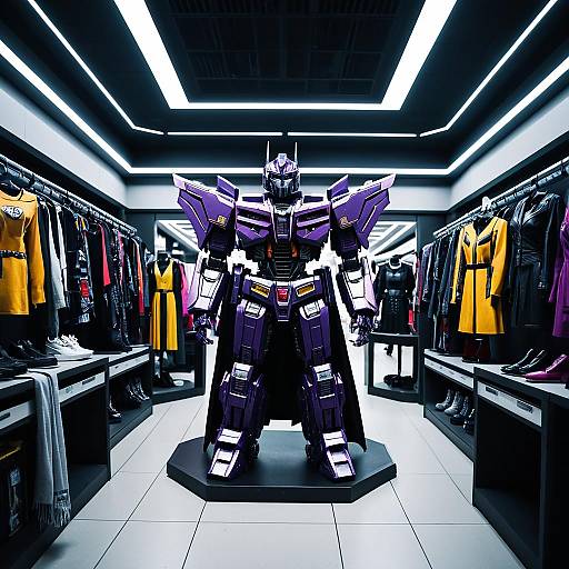 Futuristic Purple Robot in Gothic Fashion Store