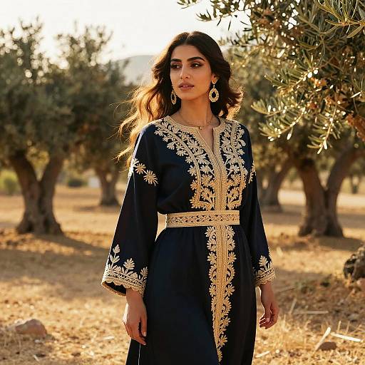Photograph of a beautiful South Asian woman with long dark hair, wearing a black embroidered traditional dress, standing in a sunlit olive grove.