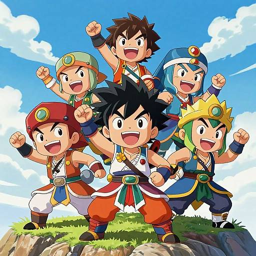 Digital anime-style drawing of six cheerful, muscular, young warriors with diverse hair colors and outfits, standing on a grassy rock, fists raised, against
