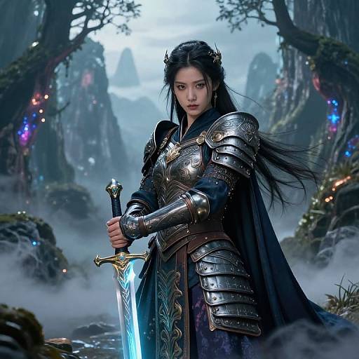 Mystical Warrior Woman in Ancient Armor with Glowing Sword