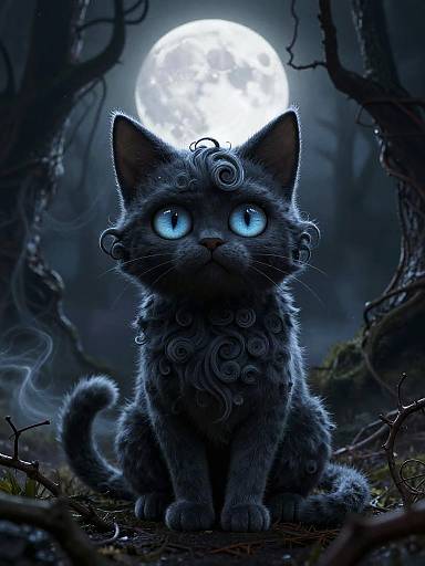 Digital artwork of a glowing blue-eyed, curly-haired black cat sitting in a dark, moonlit forest with twisted trees and a full moon in the background