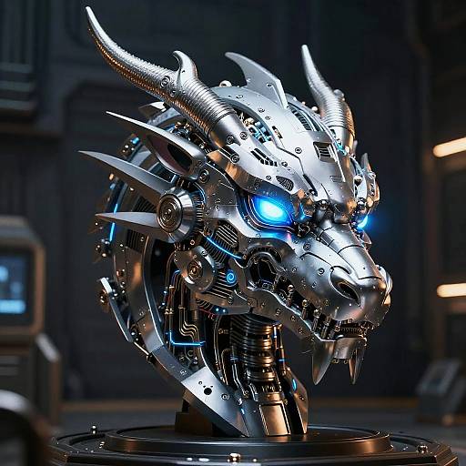 Photorealistic CGI of a futuristic, metallic dragon head with blue glowing eyes, intricate mechanical details, and sharp horns, displayed on a dark, industrial