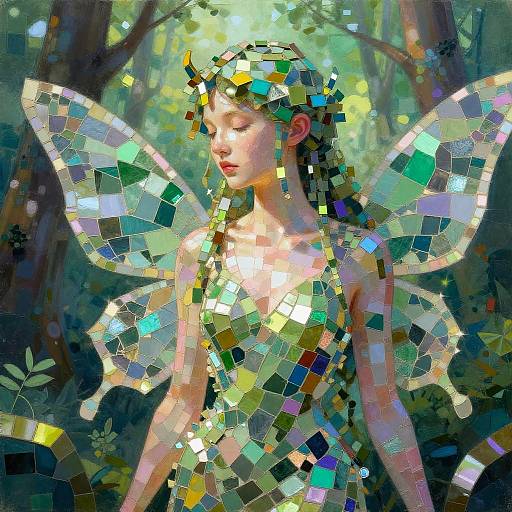 Digital mosaic artwork of a fair-skinned fairy with translucent, multi-colored, tiled wings, set against a lush, sun-dappled forest background.