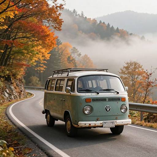 Vintage Kombi Van on Autumn Mountain Road
