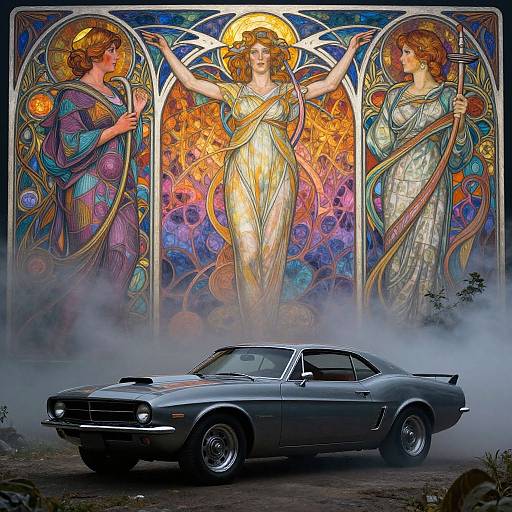 Photograph of a vintage black muscle car in front of a vibrant, mystical, triptych stained-glass artwork featuring three ethereal women in flowing