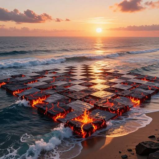 Photograph of a surreal beach scene at sunset, with glowing, lava-like red squares emerging from the ocean, reflecting sunlight, and waves gently washing over