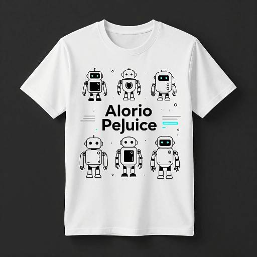 White T-shirt featuring black cartoon-style robot illustrations and the text 
