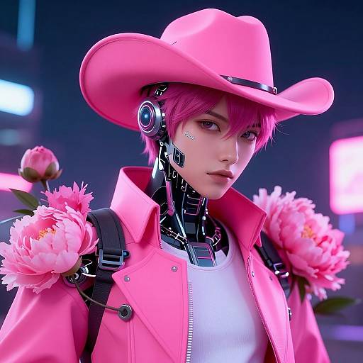 Digital art of a cyberpunk android with pink hair, hat, and jacket, adorned with pink flowers, in a neon-lit cityscape.