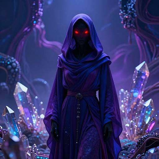 Digital artwork of a shadowy figure with glowing red eyes, wearing a purple hooded robe, standing amidst a vibrant, crystal-filled, alien landscape under