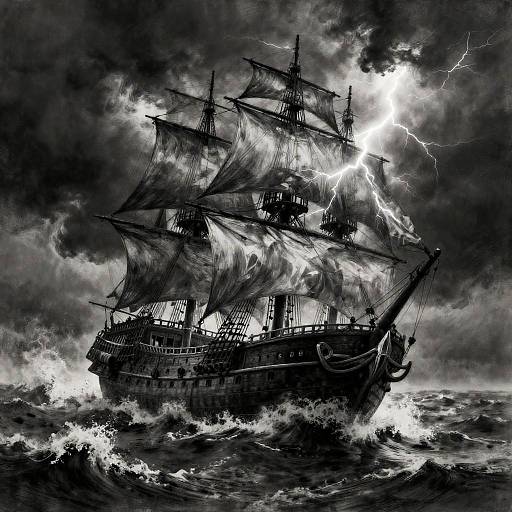 Charcoal Ghost Ship in Stormy Seas
