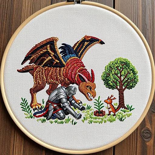 Medieval Tarrasque, Knight, and Tiefling Embroidery
