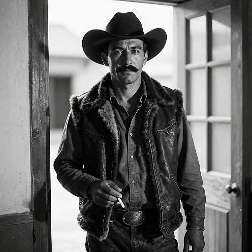 Rugged Cowboy in Leather Vest Smoking Cigarette