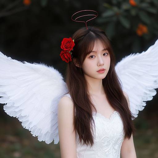 Photograph of a young Asian woman with long dark hair, white angel wings, red rose in hair, halo, and white dress, standing against a