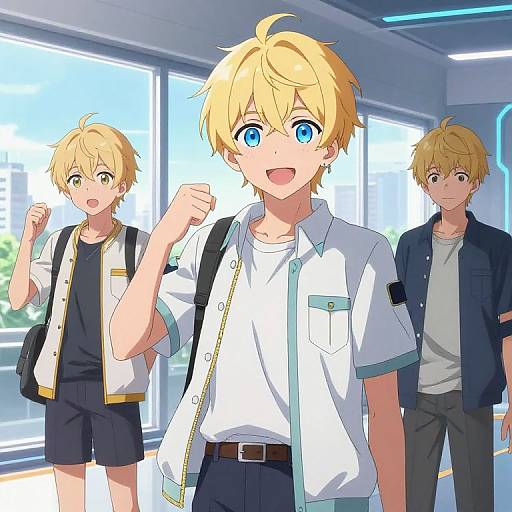 Anime-style digital illustration of three blonde boys with blue eyes in a bright, modern hallway. Front boy smiles, fist raised; middle boy looks surprised;