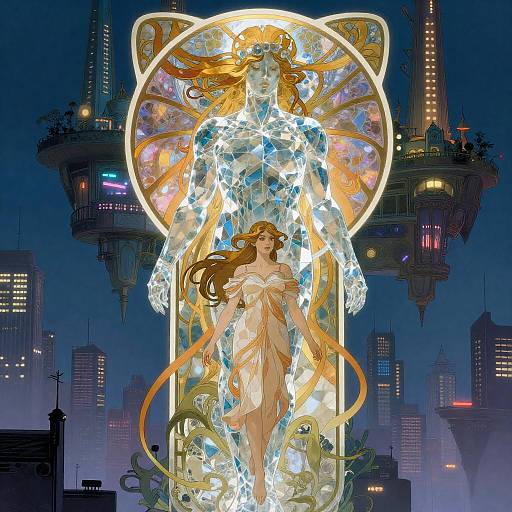 Digital art: Glowing, ethereal woman with long orange hair, translucent dress, and radiant halo, stands against futuristic, neon-lit cityscape