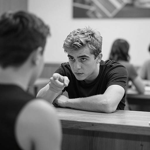 Young Man Pointing in Intense Black and White Portrait