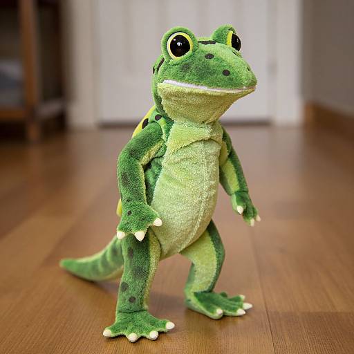 Photograph of a green, plush frog costume with black spots, yellow belly, and large black eyes, standing on wooden floor in a blurred indoor setting