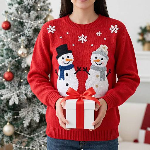 Photograph of a woman in a red knitted sweater with snowman and Santa design, holding a red gift box, standing in front of a decorated