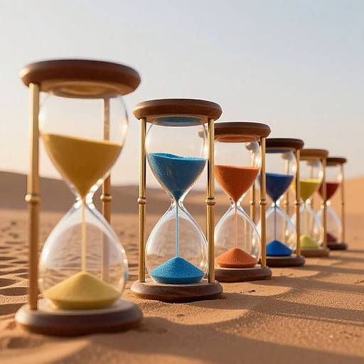 Photograph of a row of sand timers with different colored sands (yellow, blue, orange, green, red) on a sunlit desert surface.