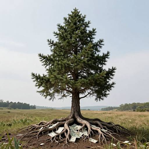 Photograph of a solitary, green pine tree with exposed roots, standing in a grassy field under a clear blue sky.