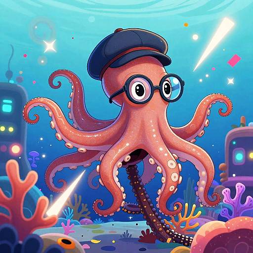 Cartoon octopus with glasses and black beret, standing underwater amid colorful corals and glowing lights, with city lights in background.