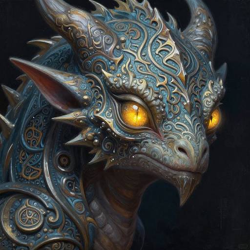 Photorealistic digital artwork of a dragon with intricate, blue and gold ornate scales, glowing yellow eyes, and sharp horns, against a dark background