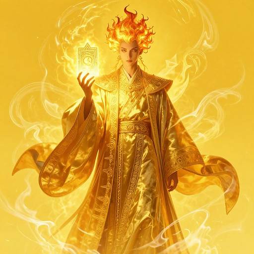 Digital artwork of a majestic, fire-haired figure in a glowing, golden robe, holding an illuminated, arcane symbol, surrounded by swirling flames. Bright,