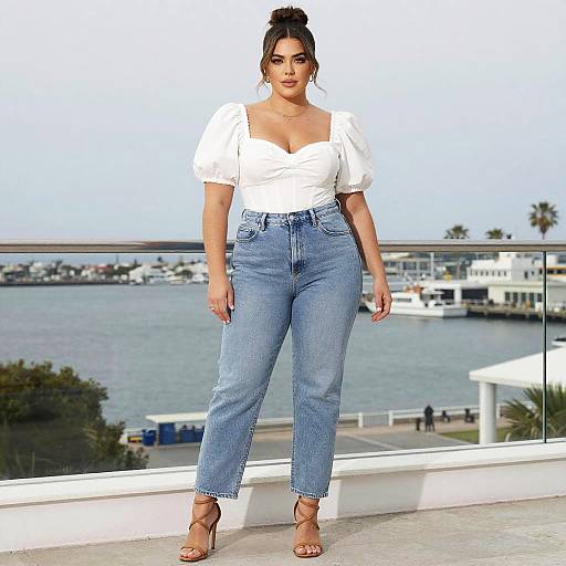 Chic Woman on Terrace with Harbor View
