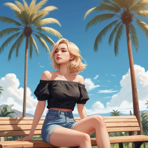 Young Woman Sitting on Bench in Tropical Park