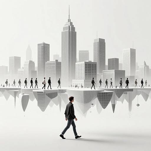 Silhouette of a businessman walking in front of a black-and-white cityscape with numerous people walking across a reflective surface. Digital illustration.