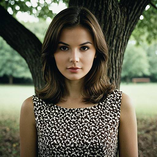 Young Woman in Floral Brown Dress Outdoors