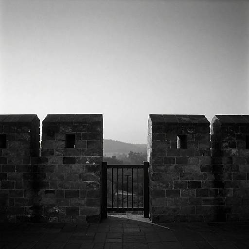 Black and white photograph of a stone gate with crenellations, set against a bright sky, with a distant hilly landscape visible through the gate