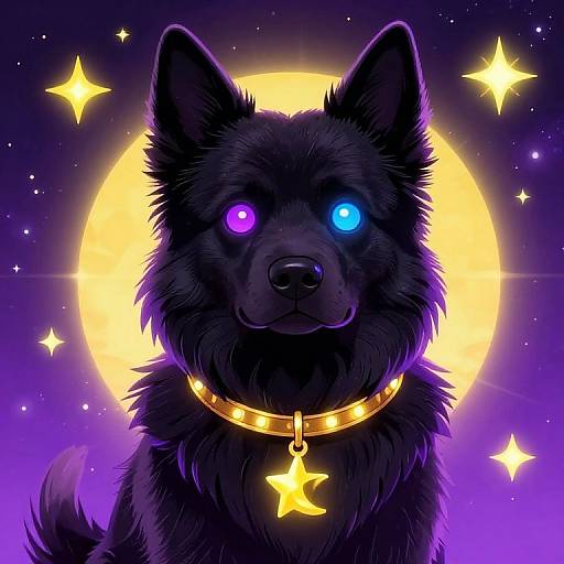 Digital artwork of a black, fluffy dog with glowing purple and blue eyes, wearing a gold collar with a star tag, against a purple starry night