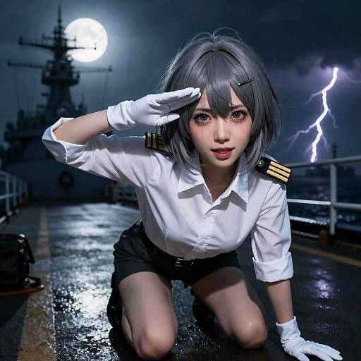 Cosplay Admiral on Stormy Naval Deck