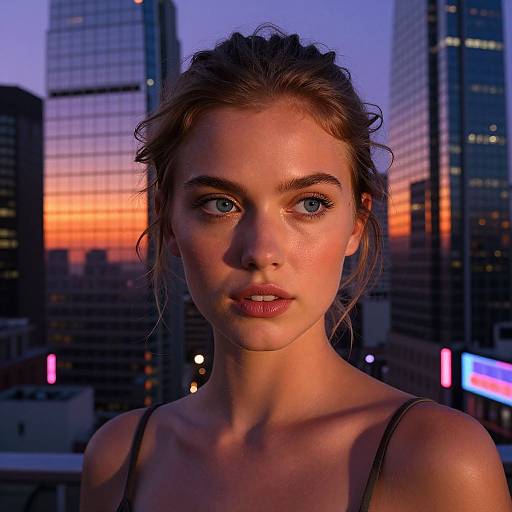 Photograph of a young woman with blue eyes, fair skin, and brown hair in a cityscape at sunset, wearing a thin-strapped top,
